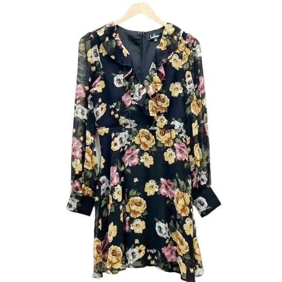 Lulus Love Abound Black Floral Print Long Sleeve Ruffled Mini Dress Size Small - Picture 1 of 7